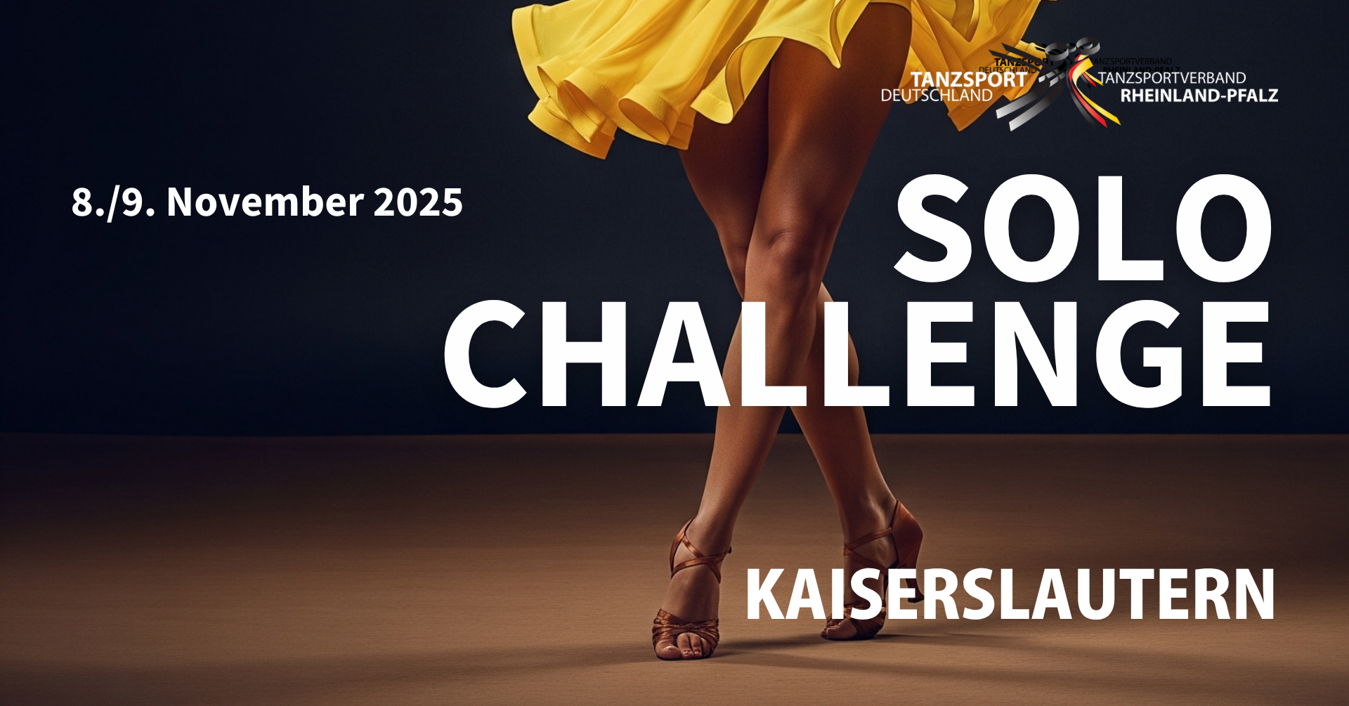 Tänzerin bei der Solo Challenge 2025 in Kaiserslautern, Veranstalter: Tanzsport Deutschland, Detailaufnahme der Beine im gelben Kleid