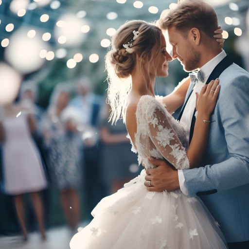 Brautpaar tanzt auf einer romantisch beleuchteten Hochzeitsparty im Freien