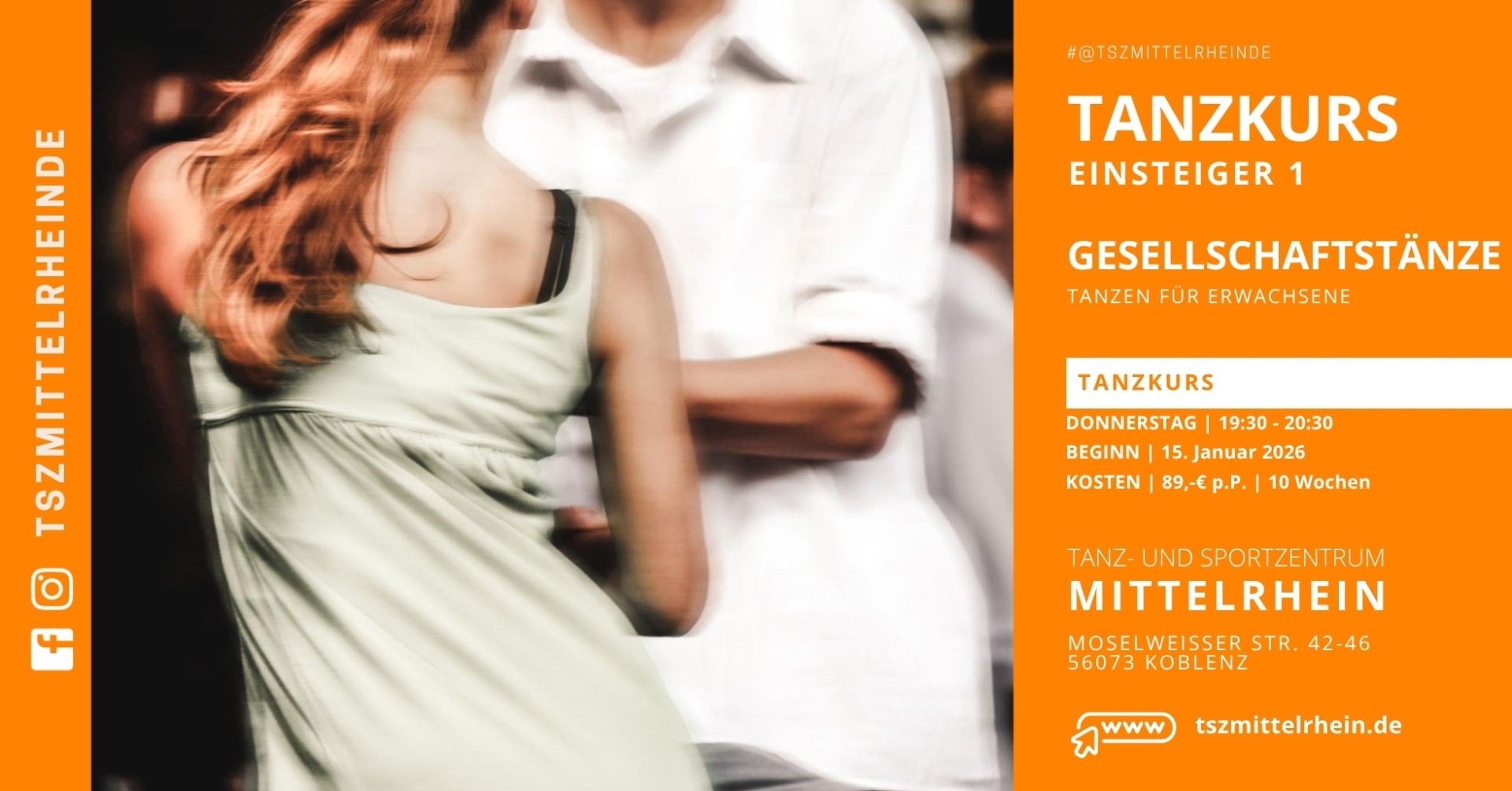 TSZ Tanzkurse – Tanzpaar beim Tanzunterricht, Information zu Tanzkursen auf orangem Hintergrund