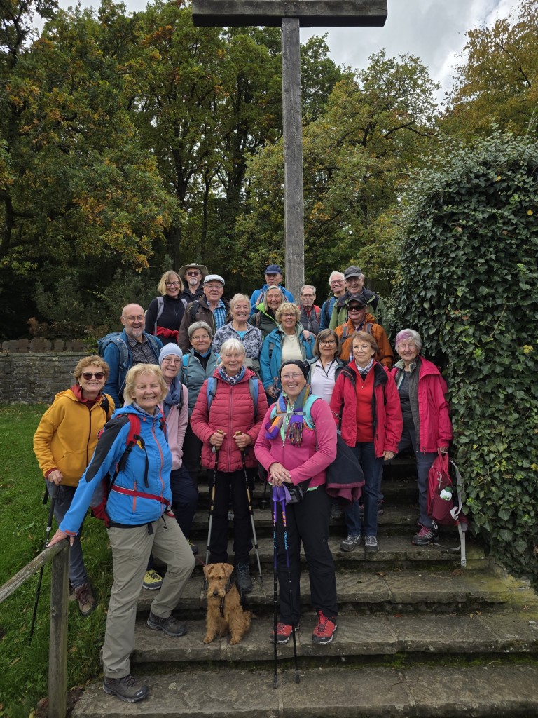 Gruppe von Wanderern auf einer Steintreppe im Wald am 09.10.2025