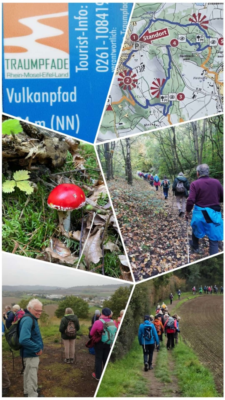 Wanderfreizeit 2025 am 4. Tag: Wandergruppe auf dem Vulkanpfad, herbstliche Landschaft, Wanderkarte und Fliegenpilz