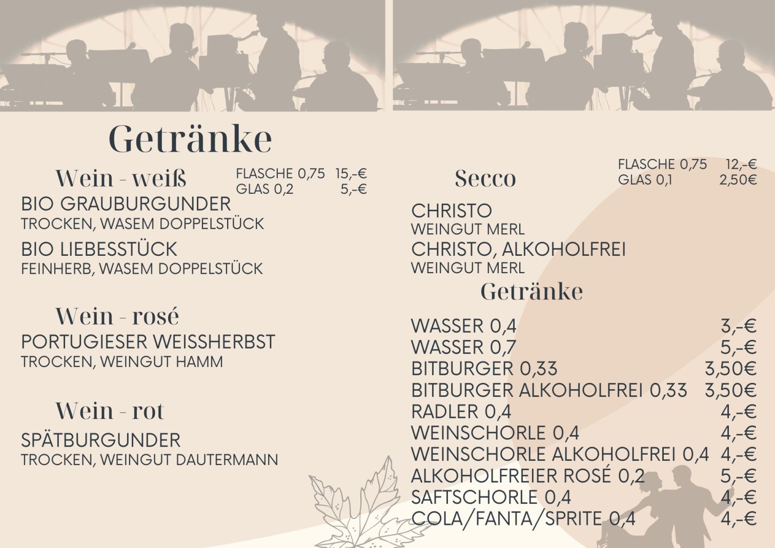 Getränkekarte mit Weinen vom Weingut Hamm, Weingut Dautermann und Weingut Merl, sowie weiteren Getränken wie Bitburger, Saftschorle und Softdrinks