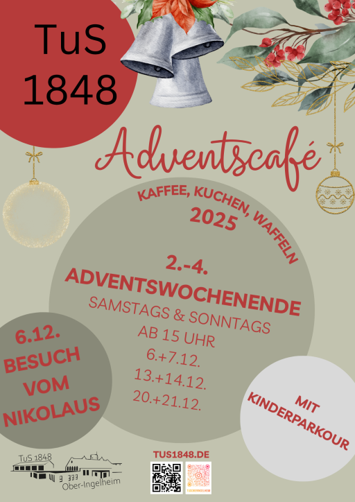 Plakat fr das Adventscaf 2025 mit Kaffee, Kuchen, Waffeln, Kinderprogramm und Besuch vom Nikolaus am 6. Dezember.