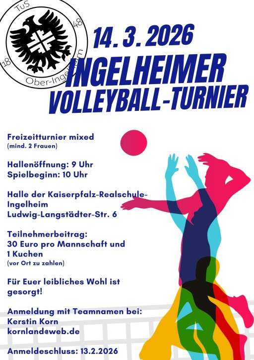Plakat zum Ingelheimer Volleyballturnier 2026 in der Kaiserpfalz-Realschule Ingelheim, Informationen zu Mixed-Freizeitturnier, Uhrzeiten und Teilnahmebeitrag