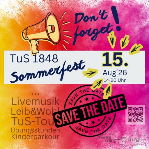Save the Date Einladung zum TuS 1848 Sommerfest am 15. August 2026 mit Livemusik, Kinderparkour und mehr