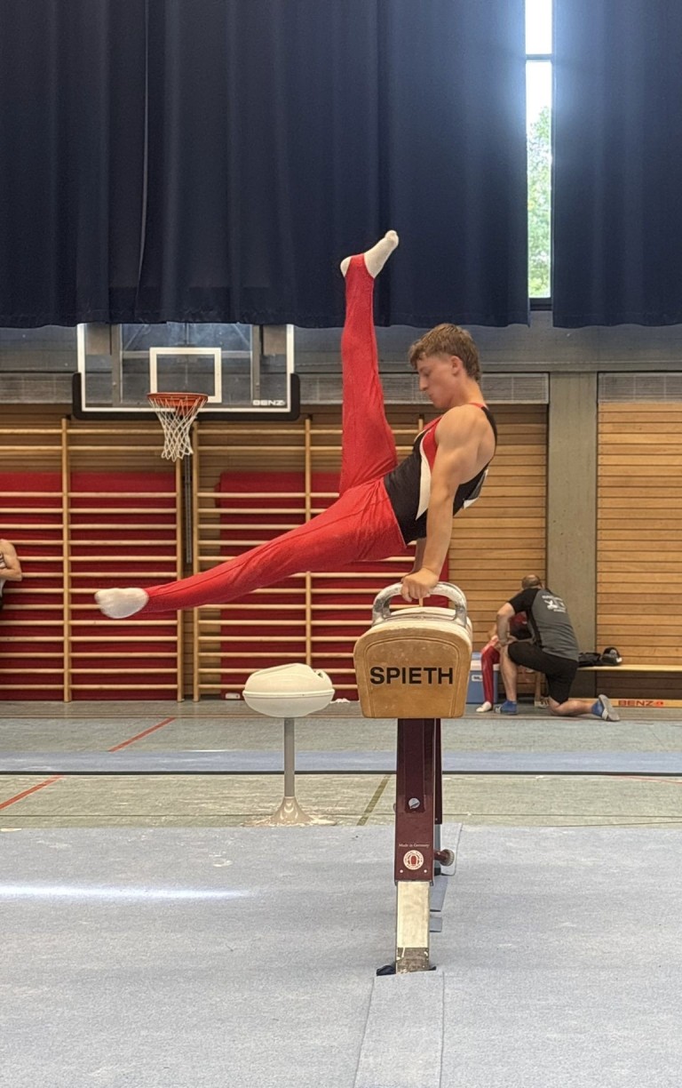 Turner beim Training am Pauschenpferd in einer Sporthalle