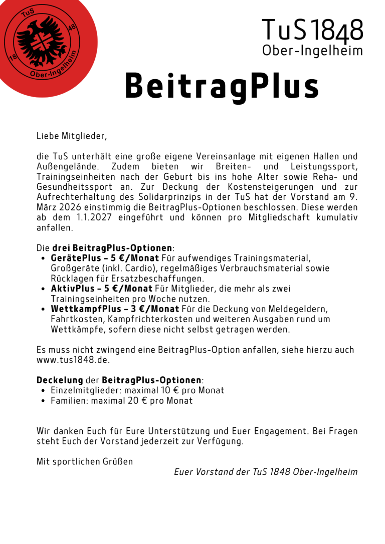 Informationen zu BeitragPlus-Optionen bei TuS 1848 mit Preisen und Leistungen