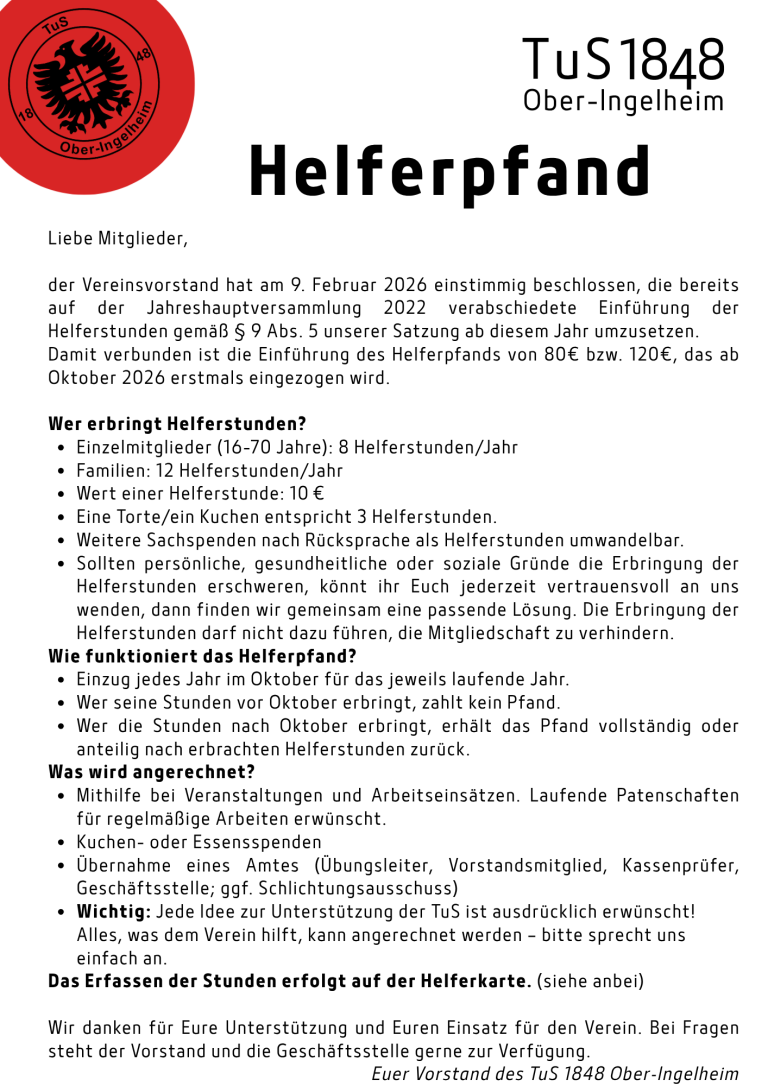 Informationsblatt zum Helferpfand mit Regelungen zu Helferstunden und Pfand im Verein