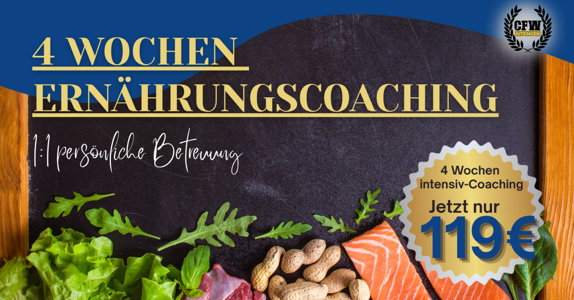 Ernährungscoaching Website mit gesunden Lebensmitteln wie Lachs, Nüssen und Salat