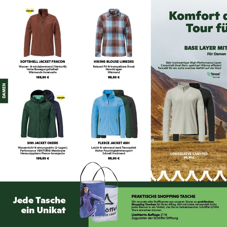 Damen Outdoor-Bekleidung und Shopping Tasche von Schöffel – Softshell Jacket Fracon, Hiking Blouse Limedes, 3in1 Jacket Okere, Fleece Jacket Ash, Longsleeve Canyfer