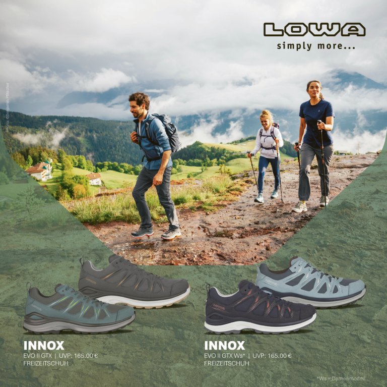 LOWA Innox EVO II GTX und EVO II GTX Ws Freizeitschuhe – Produktflyer mit Wanderern in den Bergen