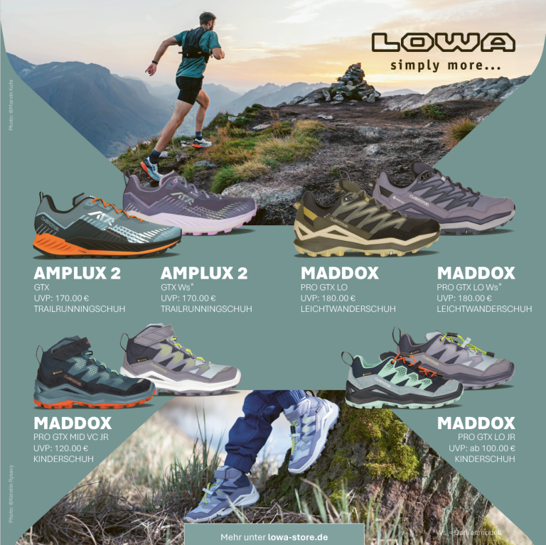 LOWA Amplex 2 und Maddox – Trailrunningschuhe und Wanderschuhe für Erwachsene und Kinder auf Flyer