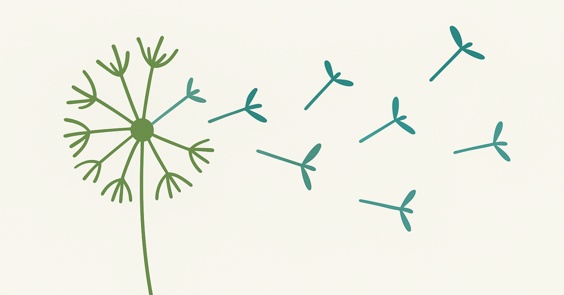 gwo chatgpt image – Illustration einer Pusteblume mit fliegenden Samen gwo chatgpt image – stilisierte Pusteblume mit fliegenden Samen auf hellem Hintergrund