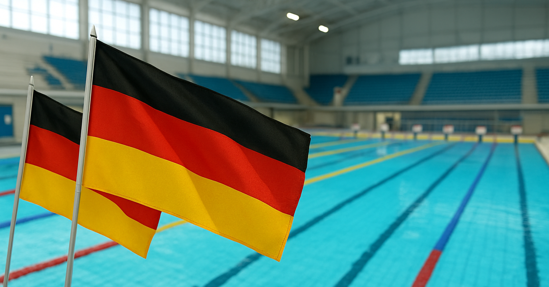 Deutsche Flagge am Schwimmbecken in einer Schwimmhalle