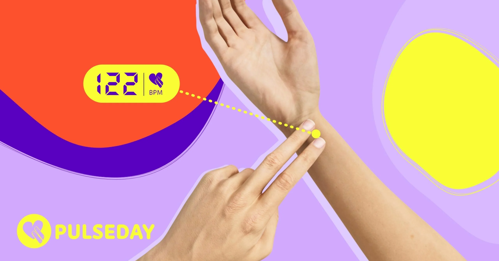 Hand misst Puls am Handgelenk mit grafischer Anzeige der Herzfrequenz in BPM