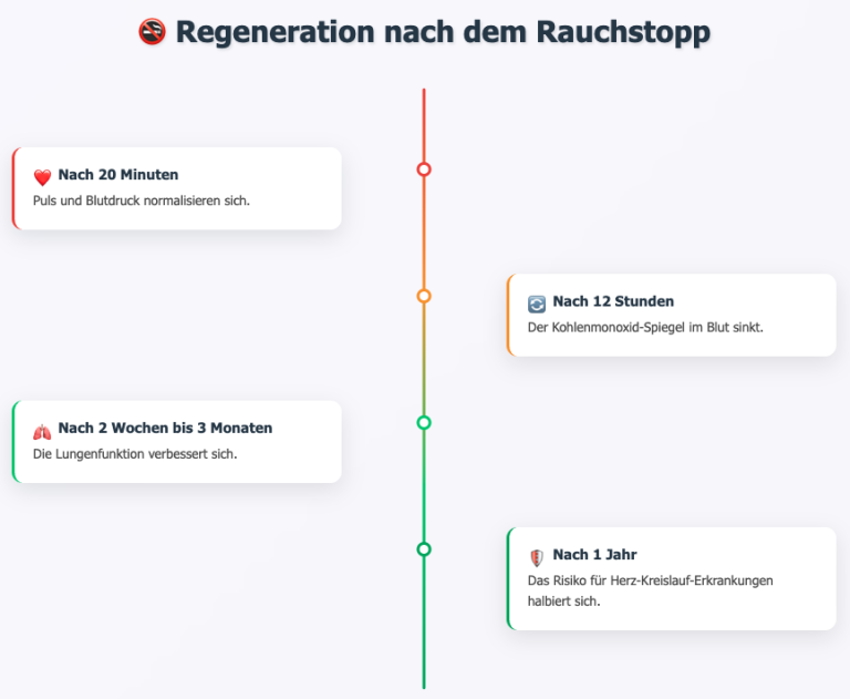 Regeneration nach dem Rauchstopp – Zeitlicher Verlauf der gesundheitlichen Verbesserungen nach dem Rauchen aufhören Infografik zur Regeneration nach dem Rauchstopp mit Zeitangaben zu gesundheitlichen Verbesserungen nach dem Aufhören mit dem Rauchen.