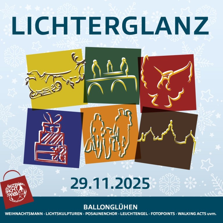 Lichterglanz 2025 Eventposter mit Weihnachtsmann und Lichterskulpturen Plakat zur Veranstaltung Lichterglanz am 29. November 2025 mit Weihnachtsmotiven und Ballonglühen