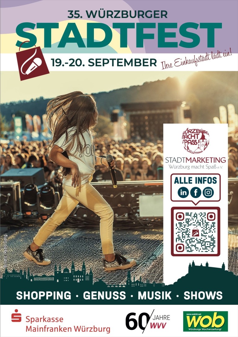 Titelbild Programmheft Stadtfest 2025 Würzburg – Bühnenauftritt und Stadtmarketing Titelbild des Programmhefts Stadtfest 2025 in Würzburg mit Kind auf Bühne vor großem Publikum
