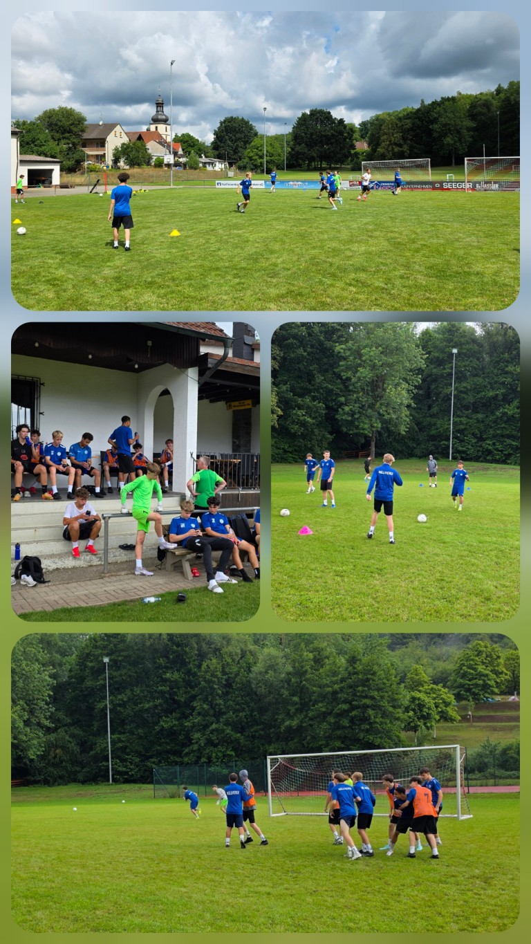 Jugendliche Fußballspieler beim Training auf einem Sportplatz im Grünen, Gruppenaktivitäten und Pausen auf der Tribüne