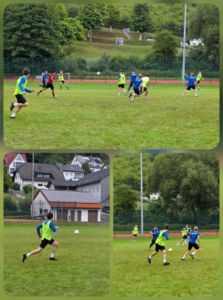 Jugendliche spielen Fußball auf einem grünen Sportplatz im Freien, umgeben von Bäumen und Häusern