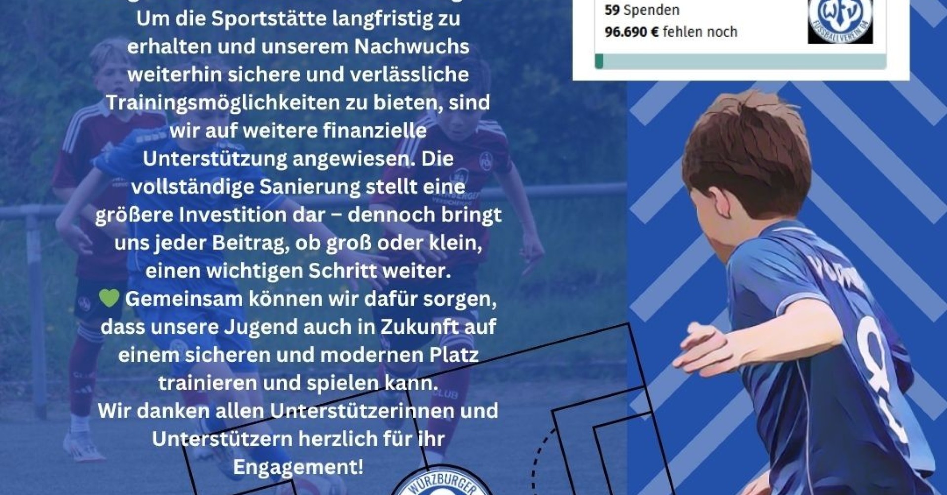 Würzburger Fußballverein: Spendenaktion für Kunstrasensanierung und Flutlichtanlage Spendenaufruf für neuen Kunstrasenplatz und Flutlichtanlage beim Würzburger Fußballverein, Jugendspieler auf dem Platz