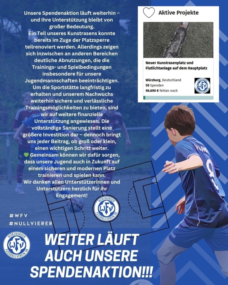Würzburger Fußballverein: Spendenaktion für Kunstrasensanierung und Flutlichtanlage Spendenaufruf für neuen Kunstrasenplatz und Flutlichtanlage beim Würzburger Fußballverein, Jugendspieler auf dem Platz
